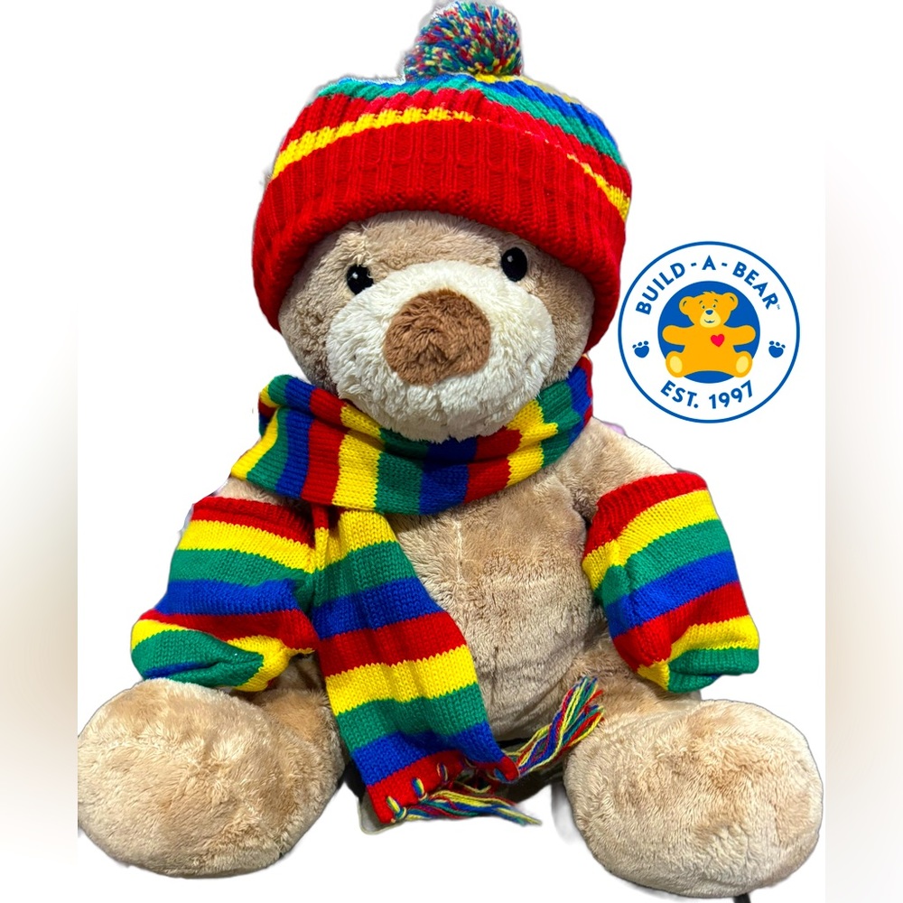 🌺Vintage Build-A-Bear with Outfit – Rainbow hat, scarf and mittens. So cute!🌸🌺